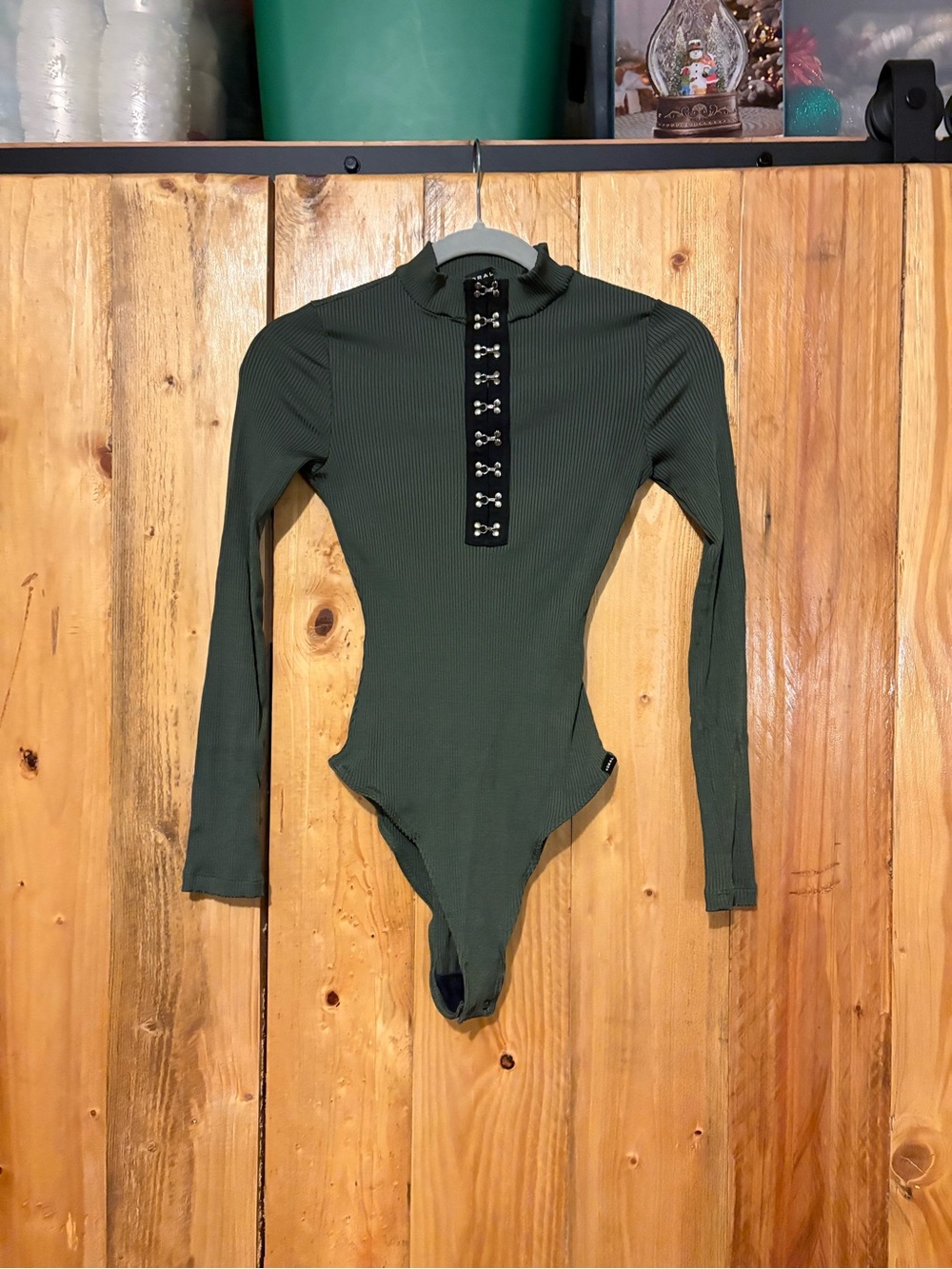 Koral Olive Green Long-Sleeve Ribbed Hook-Front Bodysuit
